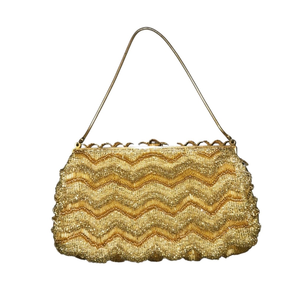 Vintage 60's Gold Hand Beaded Seed Bead Purse Evening Bag Hong Kong - Picture 3 of 9